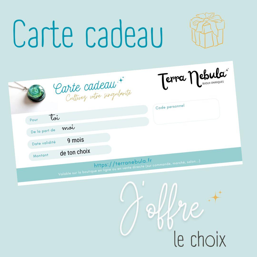 carte cadeau terra nebula bijoux oniriques montant au choix dépenser en ligne en direct création personnalisée sur demande inclusion photo envoi postal ou par mail idée cadeau chèque cadeau montant au choix