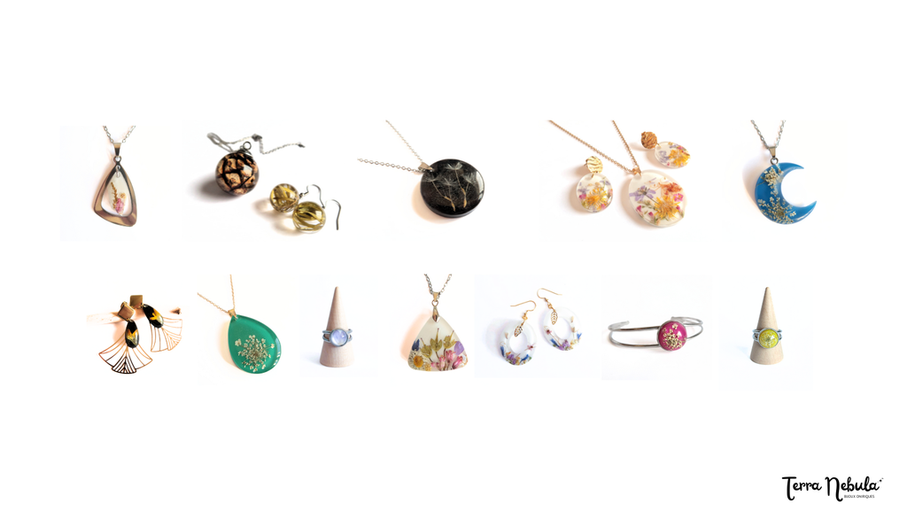 Bijoux fantaisie résine pièces uniques fait-main artisanat résine époxy terra nebula nature bijoux végétaux fleuris fleurs séchées pressées lorraine 54