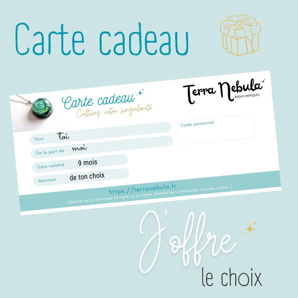 carte cadeau terra nebula bijoux oniriques montant au choix dépenser en ligne en direct création personnalisée sur demande inclusion photo envoi postal ou par mail idée cadeau chèque cadeau montant au choix