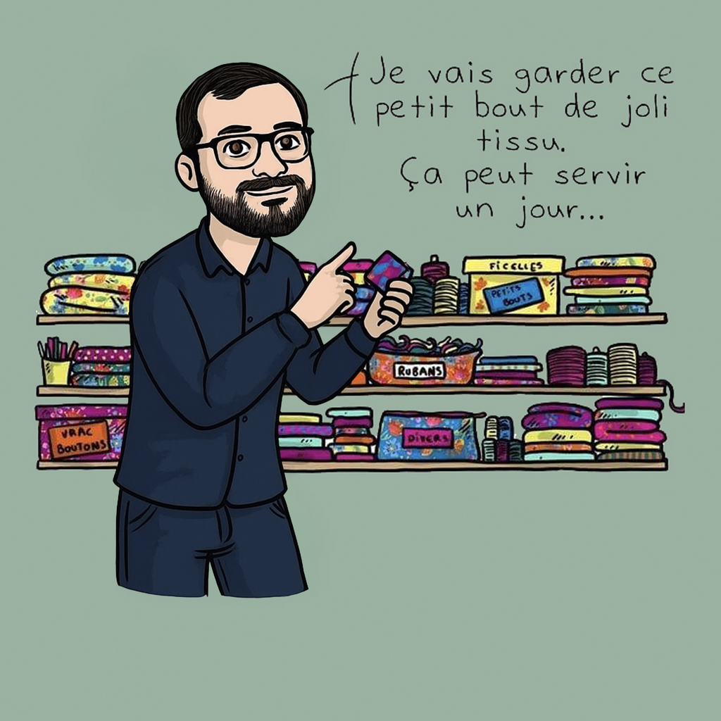 image de grégory devant une pile de morceaux de tissus qui dit : je vais garder ce petit bout de joli tissu, ça peut servir un jour.