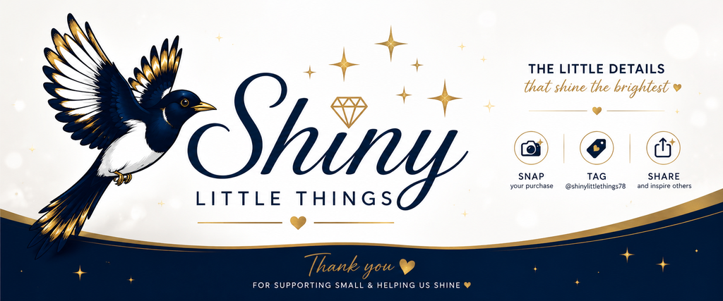 Gold Diamond with an Arch of Gold Stars and the words Shiny Little Things in Navy.