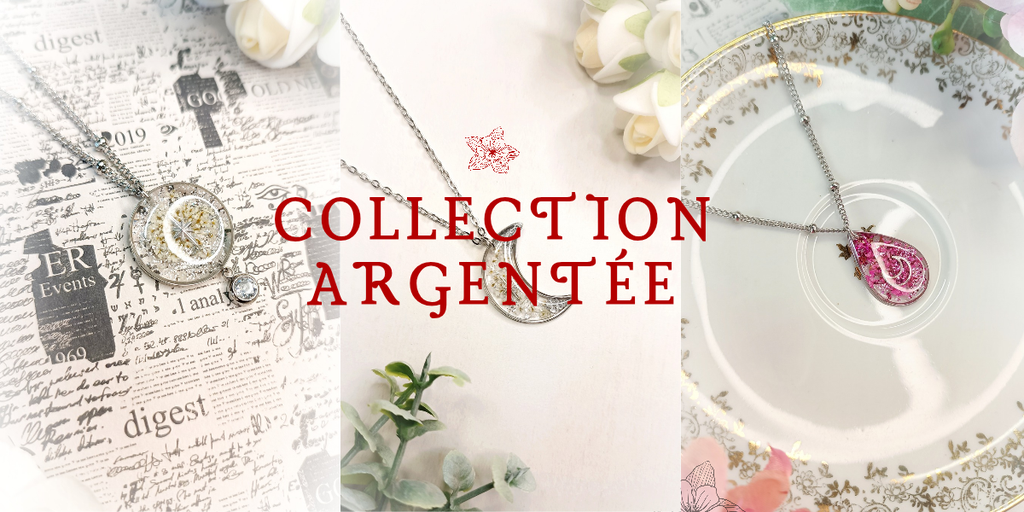 Colliers en acier argenté. Médaillons ronds ou en forme de lune, avec des fleurs séchées véritables, paillettes et résine. Esprit vintage, bohème et intemporel.