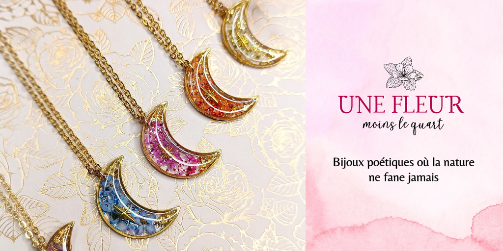 Colliers en acier, avec ses fleurs véritables multicolores, feuilles d'or et résine. Avec un médaillon en forme de lune, un élément central doré étoile du Nord et une chaîne en acier doré.