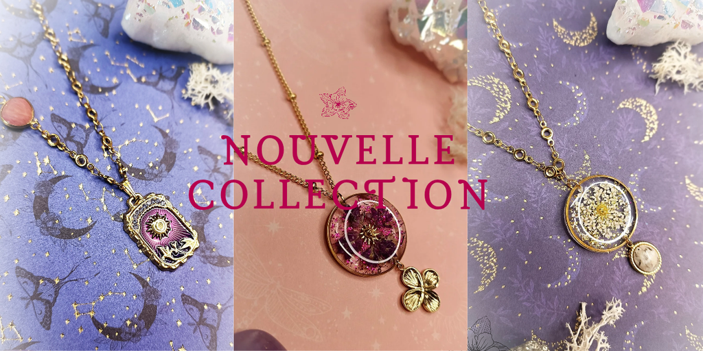 Colliers d'inspiration ésotérique avec des médaillons types carte de tarot. Des soleils sont représentés avec des plantes, des rayons et des strass scintillantes. Un autre collier comporte un médaillon rond avec un soleil central doré sur un fond de fleurs véritables. Une breloque en pierre fine veritable l'accompagne pour un style délicat et élégant. Les tons sont violets, blancs et vieu rose.
