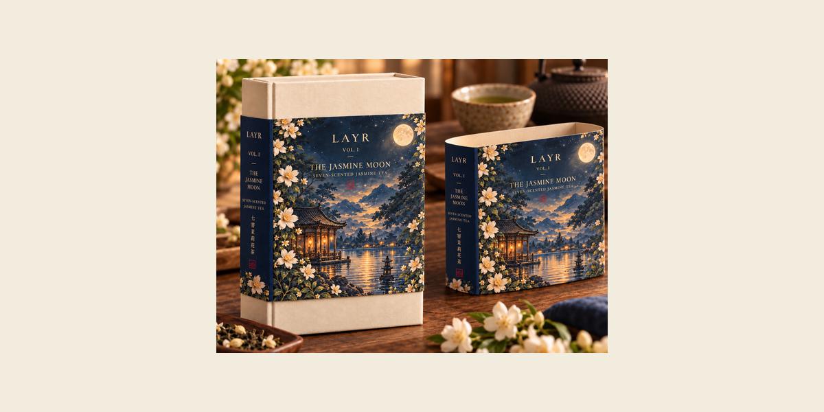 Product visualisation of The Jasmine Moon linen book-shaped jasmine tea gift box.