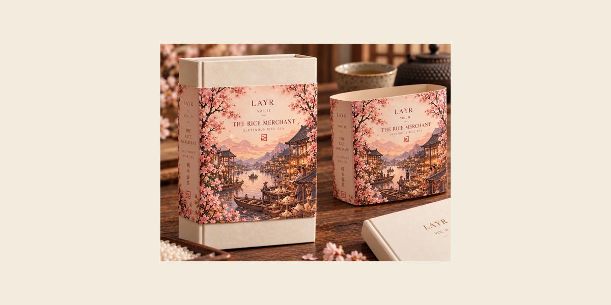 Product visualisation of The Rice Merchant linen book-shaped tea gift box.