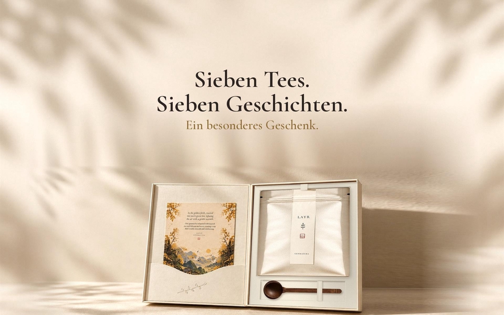 LAYR Buchbox geöffnet mit Geschichtenkarte, Teebeutel und Holzlöffel