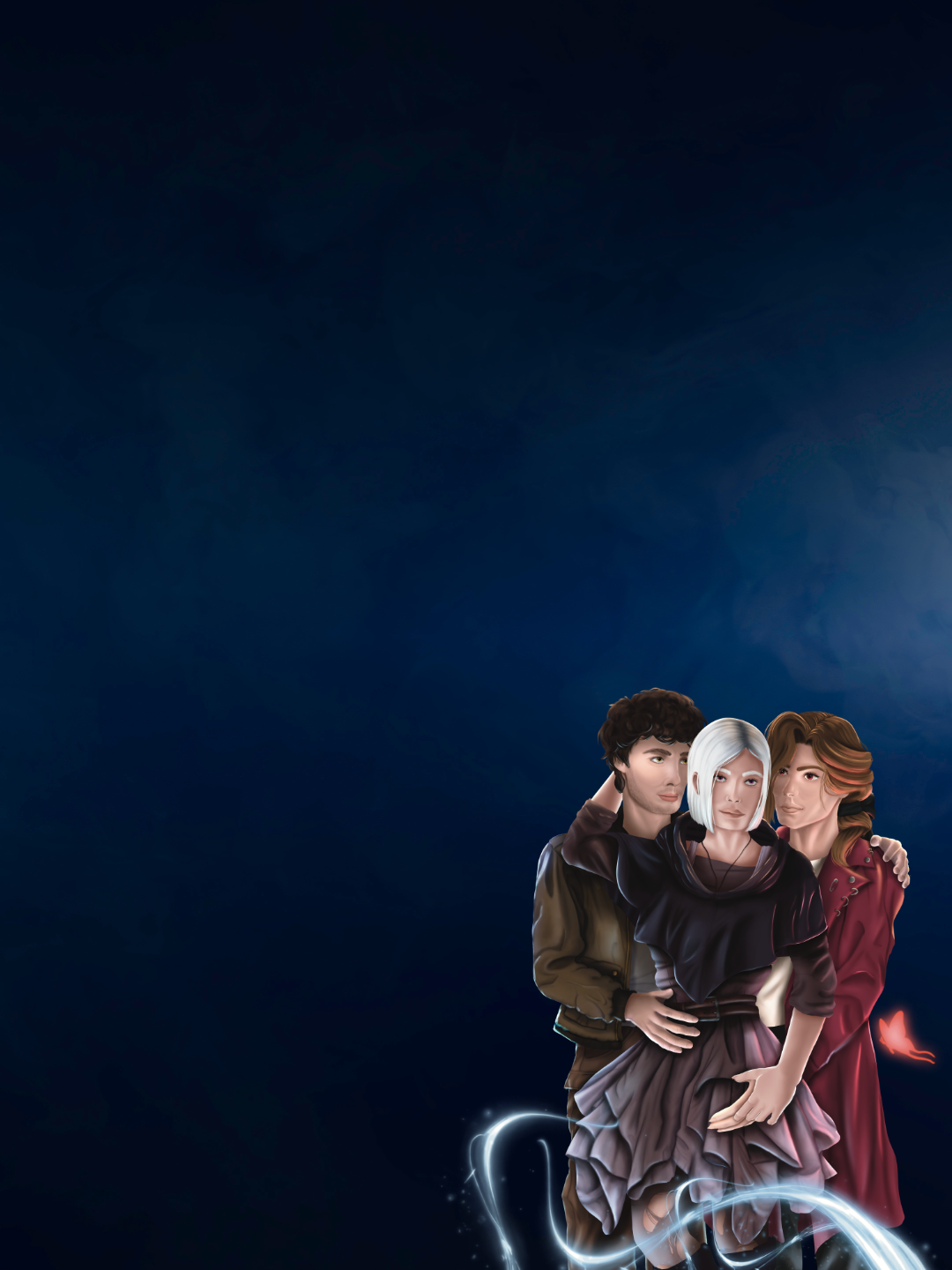 Blauer Hintergrund mit Illustration von den drei Protagonisten aus Neverending Midnight