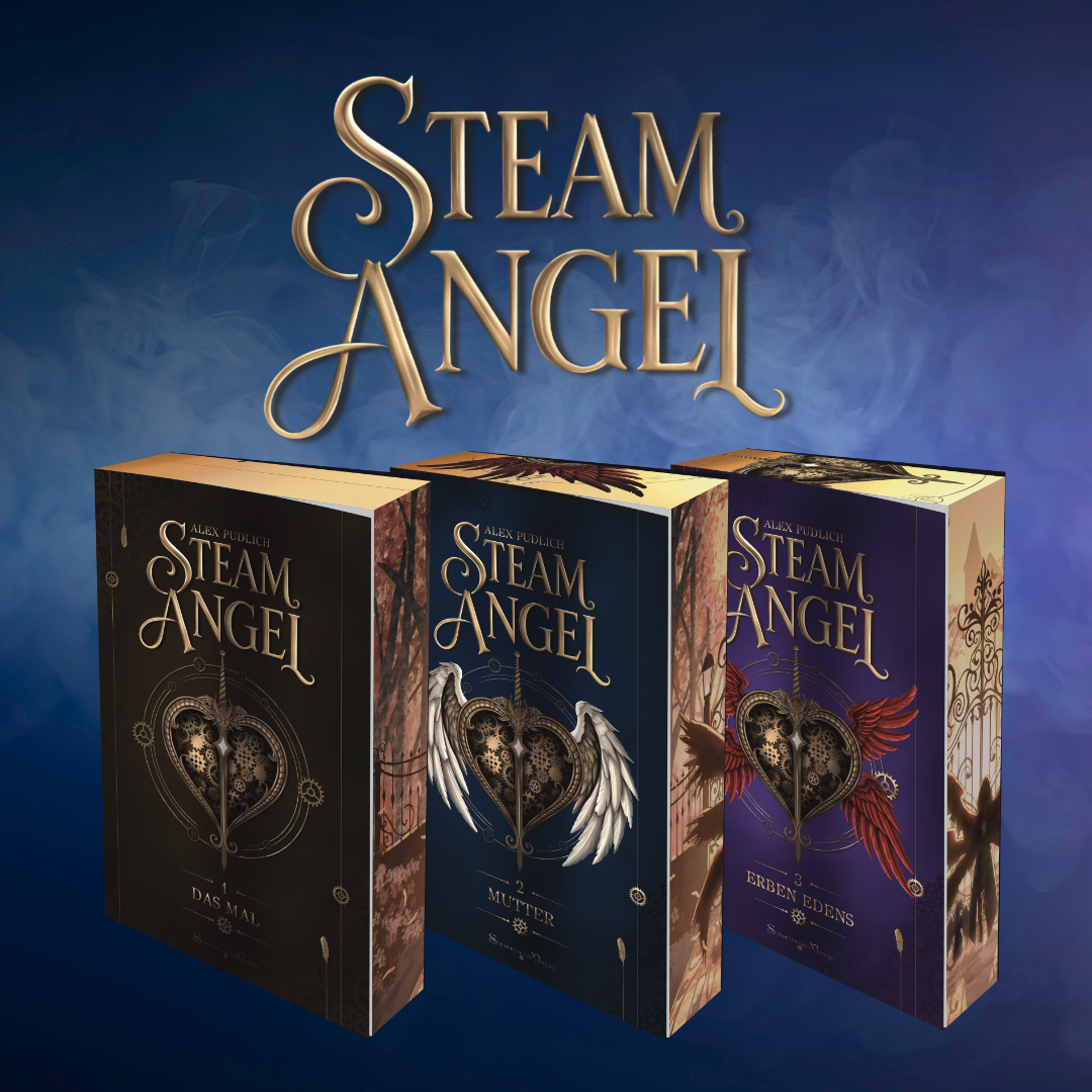 Blauer Hintergrund. Darauf die ersten drei Cover der Reihe "Steam Angel"