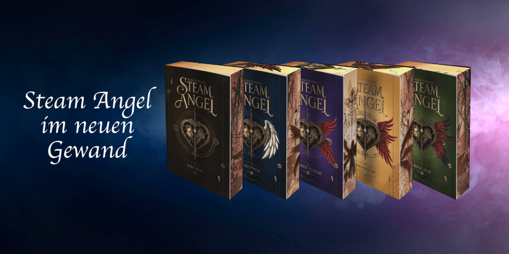 Banner mit den 5 Covern von Steam Angel. Braun, blau, lila, gelb und grün. Je mit dem Herz Amulett der Protagonistin und wandelnden Flügeln. Von weiß, zu rot. Von keinem Flügel, zu sechs.