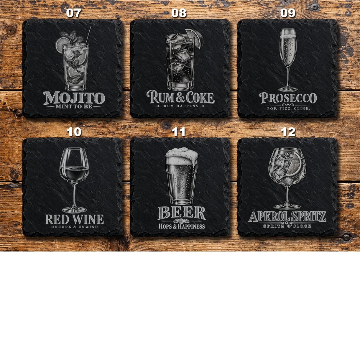 Six engraved coasters showing mojito, rum and coke, Prosecco, red wine, beer and Aperol Spritz glasses with humorous drinks sayings.