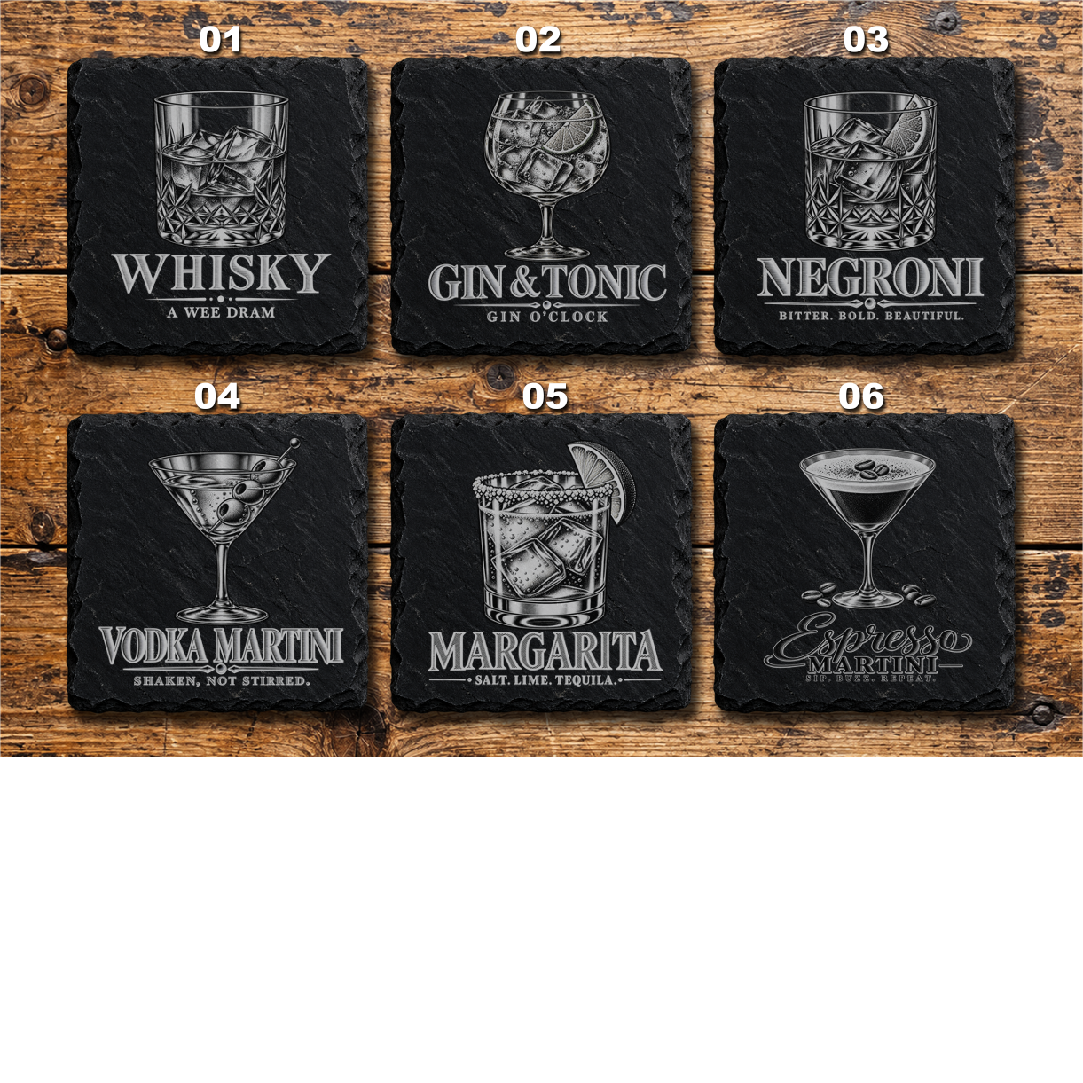 Six laser engraved slate drinks coasters featuring whisky, gin and tonic, Negroni, vodka martini, margarita and espresso martini designs.
