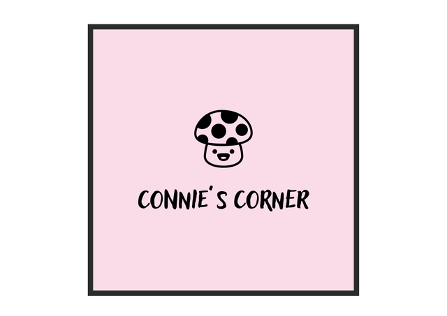 Connie's Corner logo featuring Pebbi, a smiling mushroom character.