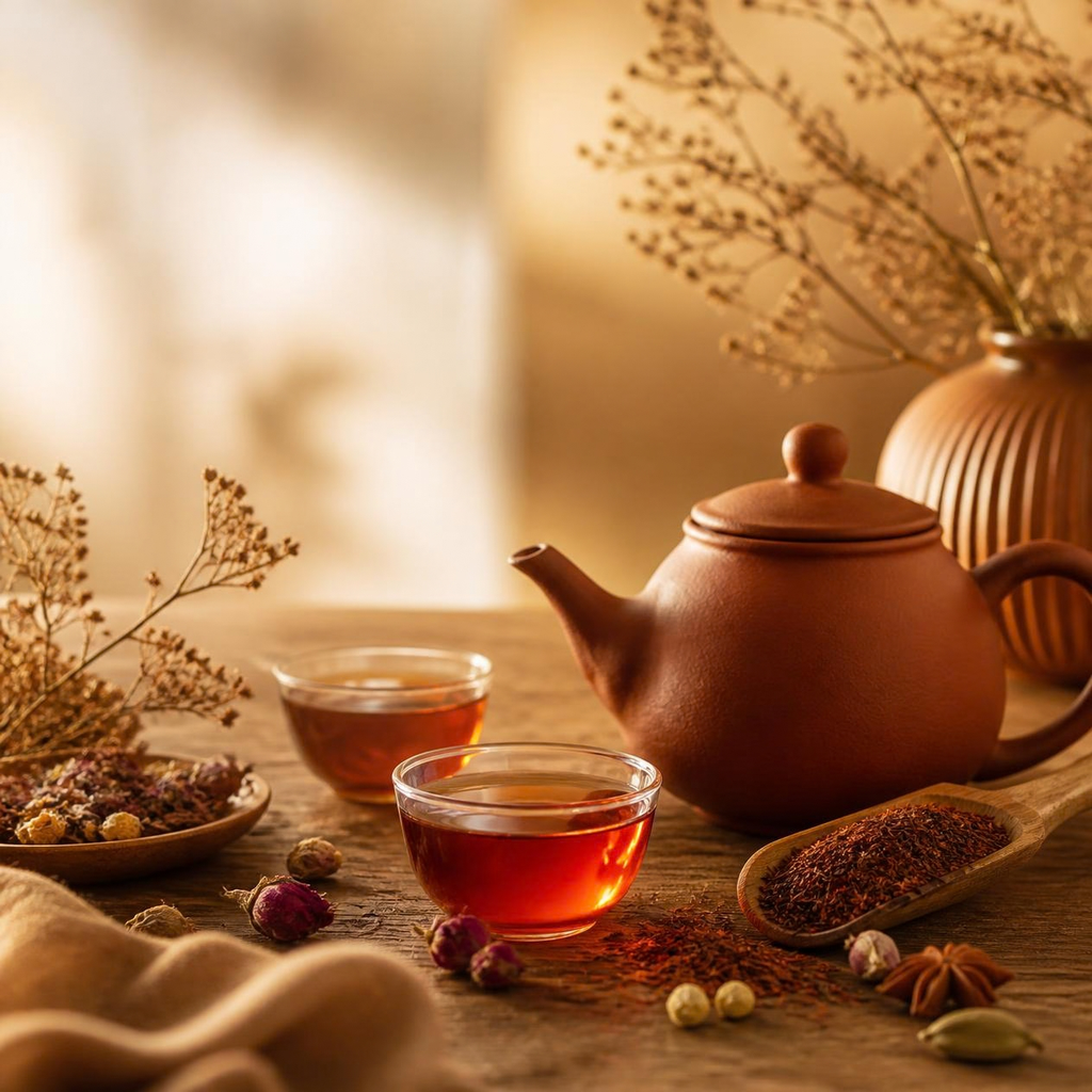 Notre sélection de thés rouges sans théine, appelé également Rooibos, pour une pause réconfortante et gourmande à tout moment de la journée