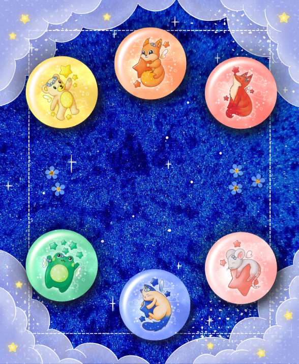 Image représentant quelques badges et magnets créés par Mylarosy.
