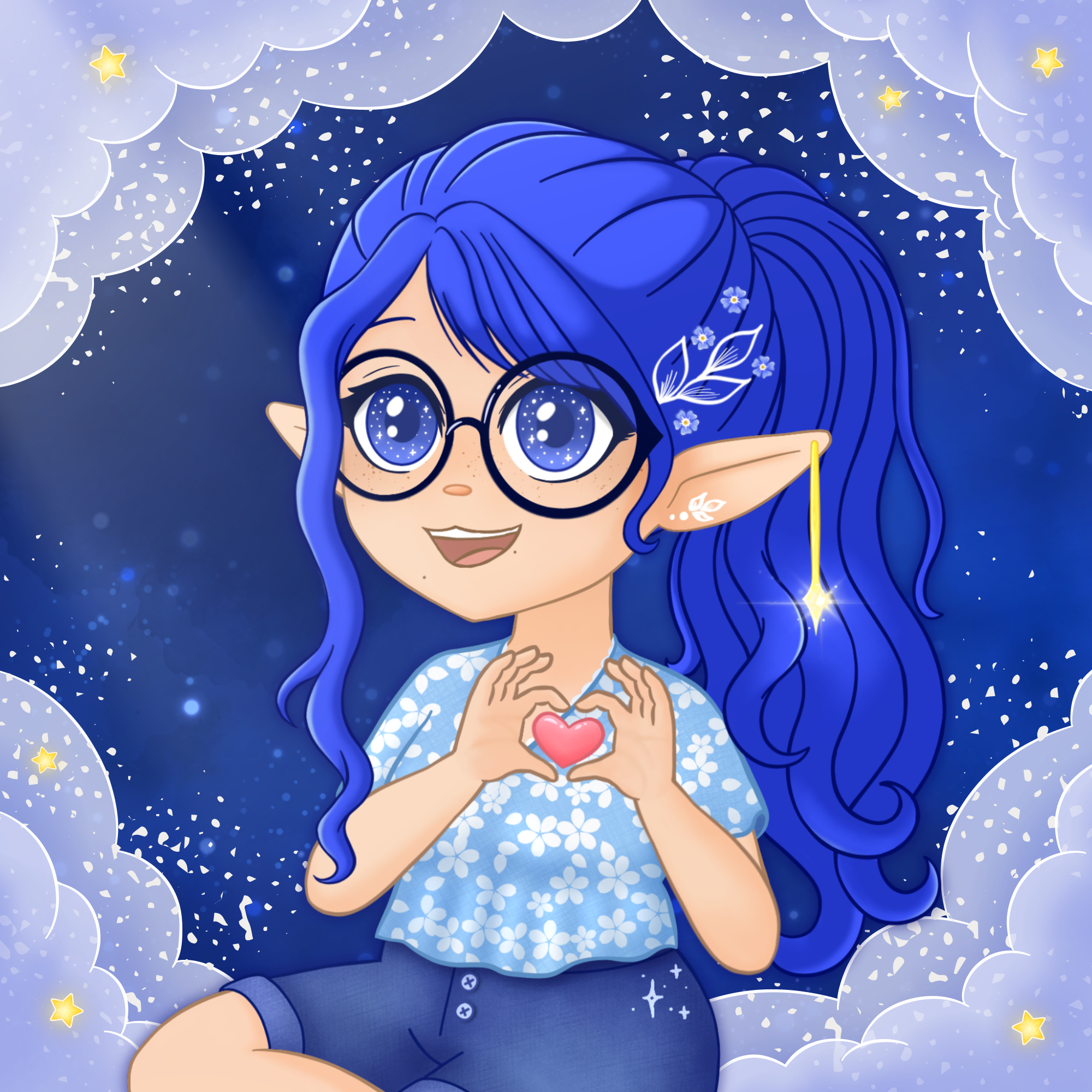 Avatar de Mylarosy, une elfe céleste aux cheveux bleus. Elle joint ses mains pour former un cœur, en signe de remerciements.