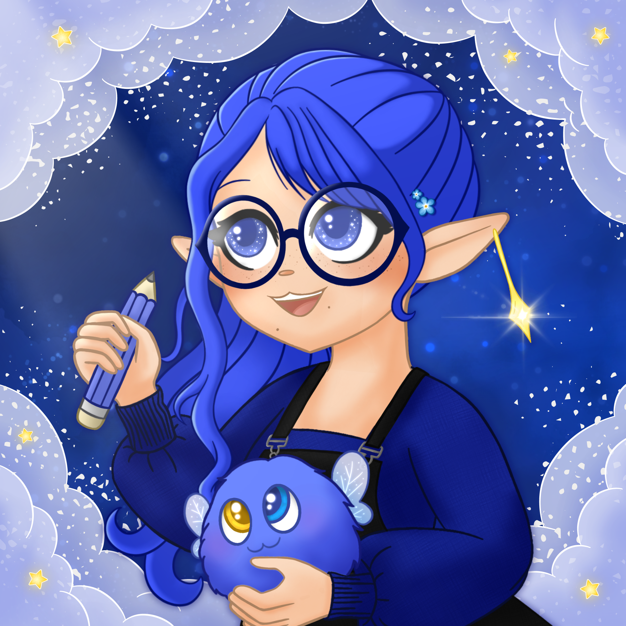 Avatar de Mylarosy, une elfe céleste aux cheveux bleus. Elle tient dans une main un crayon, dans l'autre un Mylou.