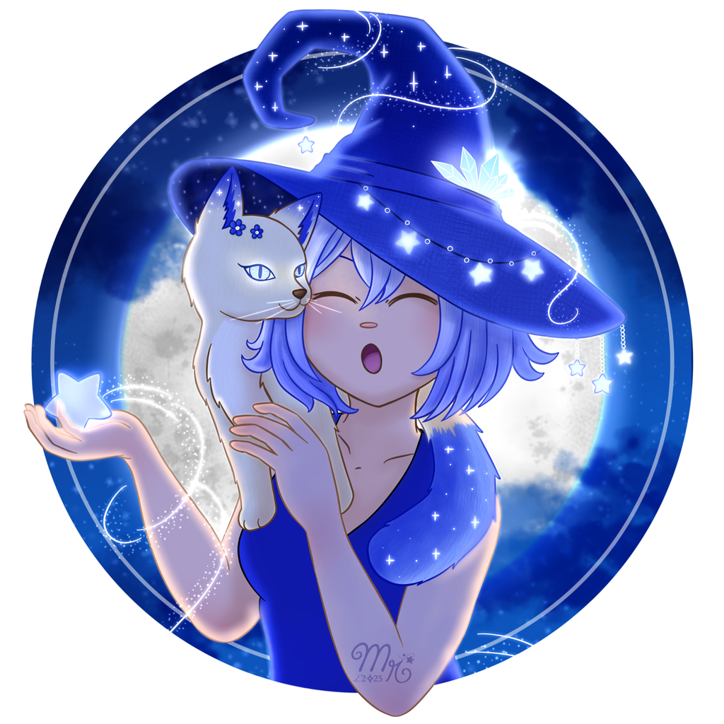 Zoom d'une illustration numérique dans les tons bleus faite par Mylarosy : une sorcière et son chat stellaire sur fond de nuit étoilée, illuminés de la pleine lune.