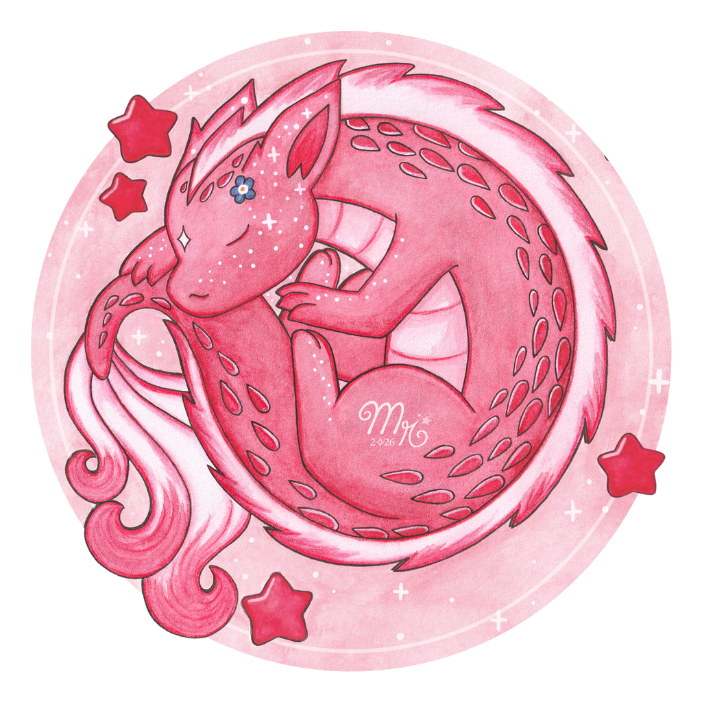 Zoom d'une des reproductions d'aquarelle dans les tons framboise de Mylarosy : dragon stellaire framboise dormant en boule dans le ciel et entouré d'étoiles.