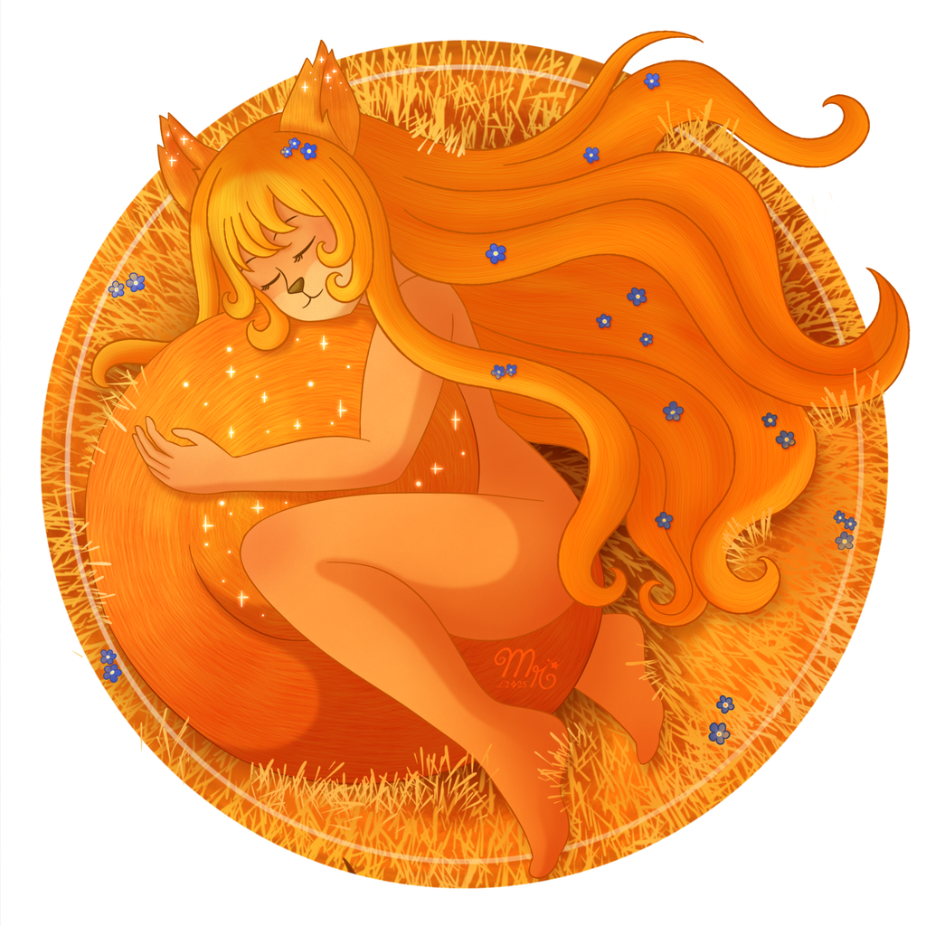 Zoom d'une illustration numérique  dans les tons orange faite par Mylarosy : une éline écureuil dans son lit de paille, recouverte de myosotis.
