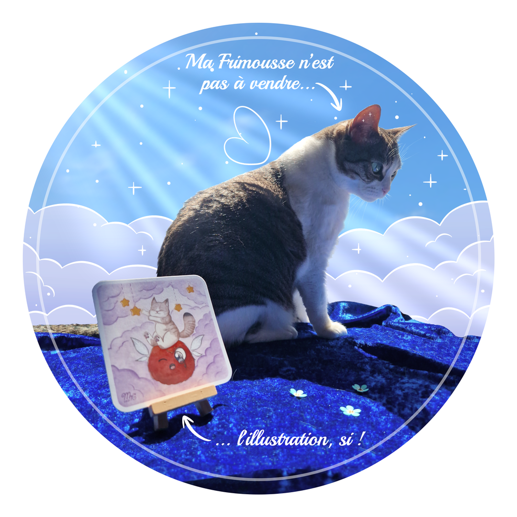 Zoom sur la reproduction d'aquarelle du Kit Twitch de Mylarosy : en arrière plan, Frimousse, modèle de ce kit. Devant, un chevalet mettant en avant le dessin sous des rayons de lumière.