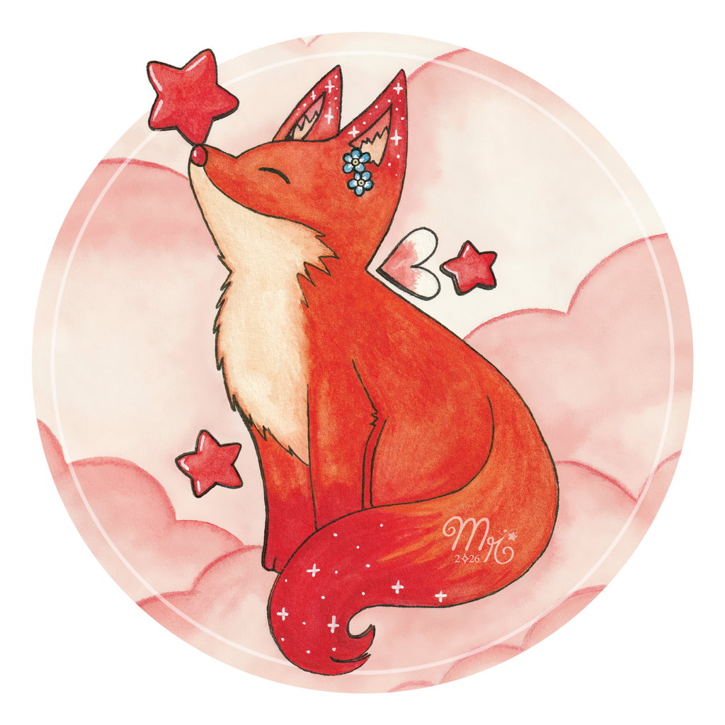 Zoom d'une des reproductions d'aquarelle dans les tons rouges de Mylarosy : renard stellaire rouge assis sur un nuage et touchant une étoile rouge du bout de sa truffe.