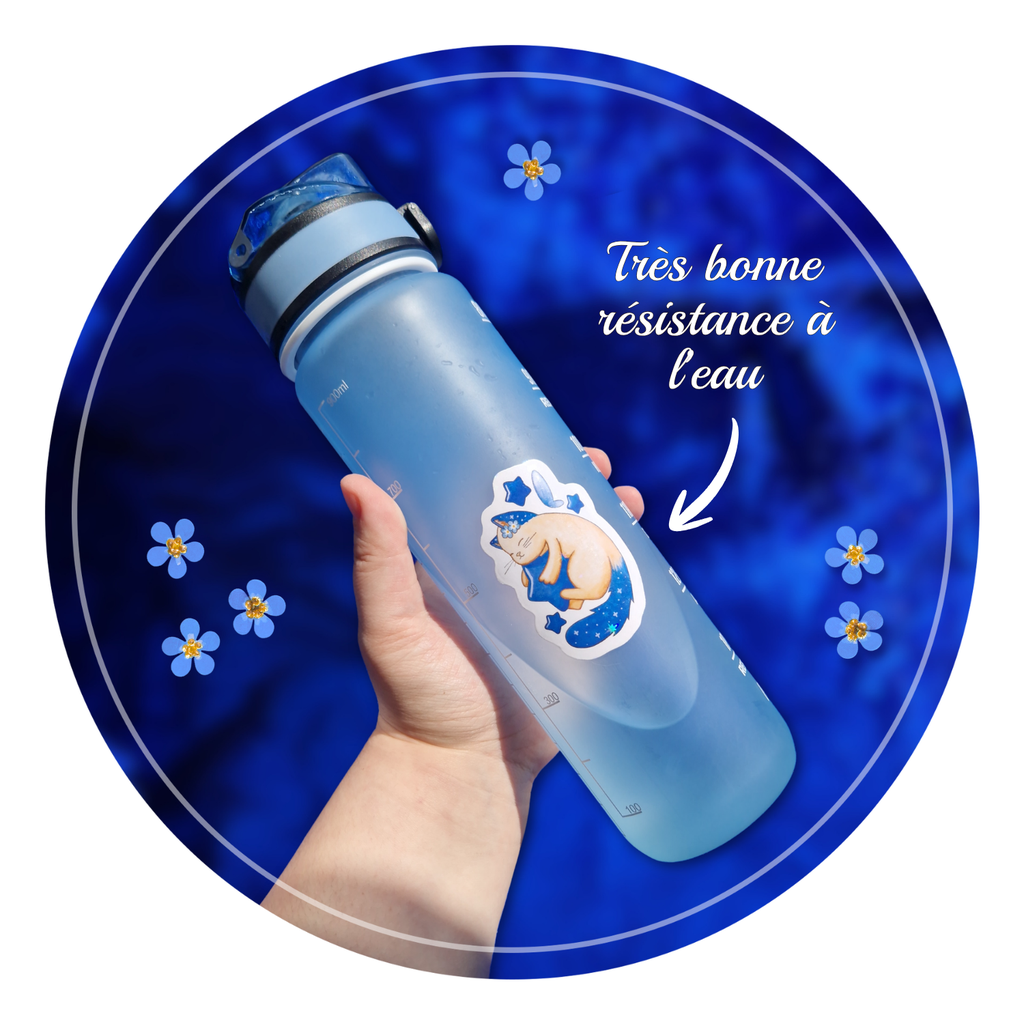Zoom sur l'autocollant chat stellaire collé sur une gourde : mes autocollants ont une très bonne résistance à l'eau.