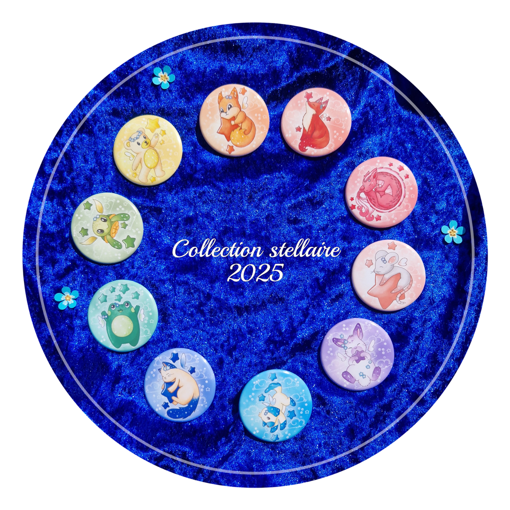 Zoom sur la collection stellaire de badges et magnets de Mylarosy : positionnés en cercle par teinte donnant un effet arc-en-ciel sur fond bleu, parsemé de myosotis.
