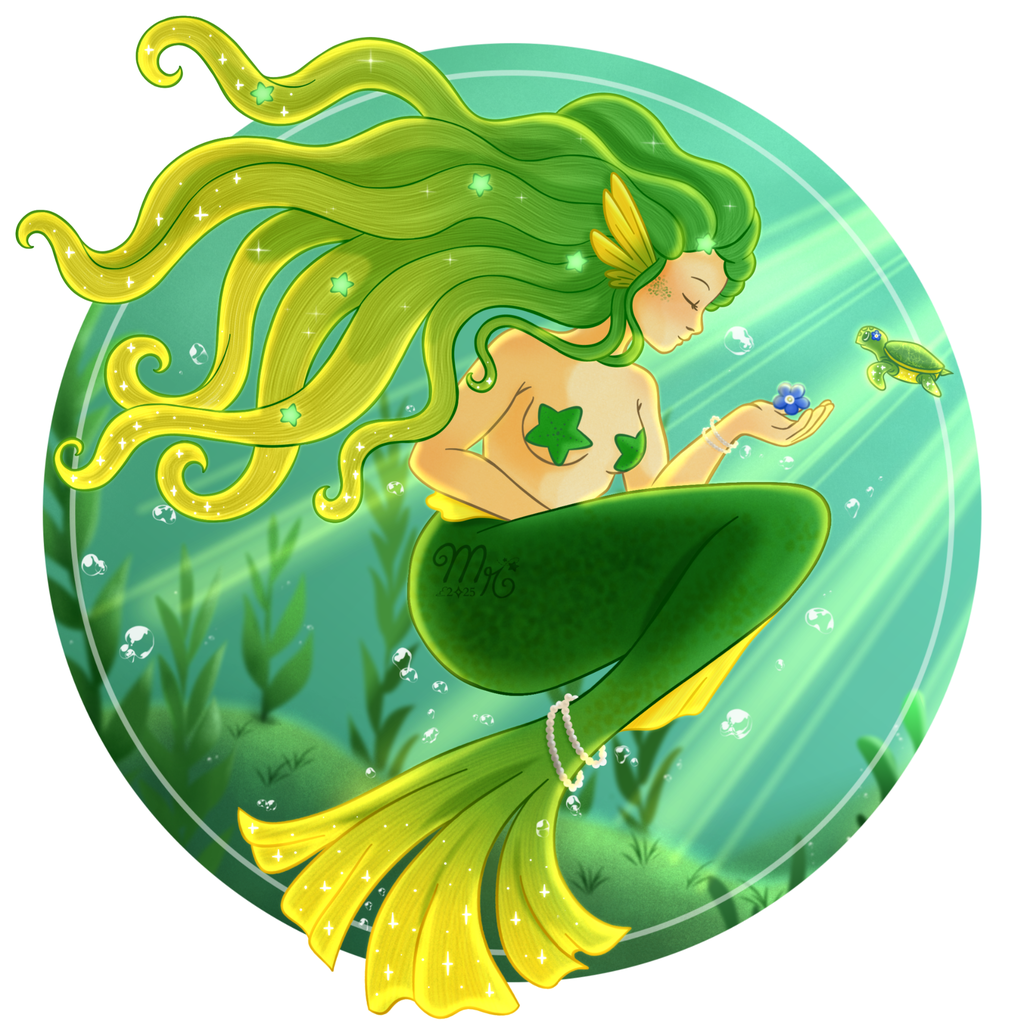 Zoom d'une illustration numérique dans les tons verts faite par Mylarosy : une sirène verte et sa tortue stellaire devant fond marin.