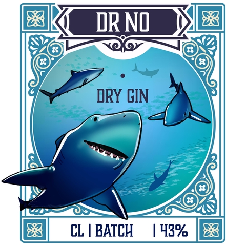 Logo des Dr No Dry Gin Haifische im Meer 