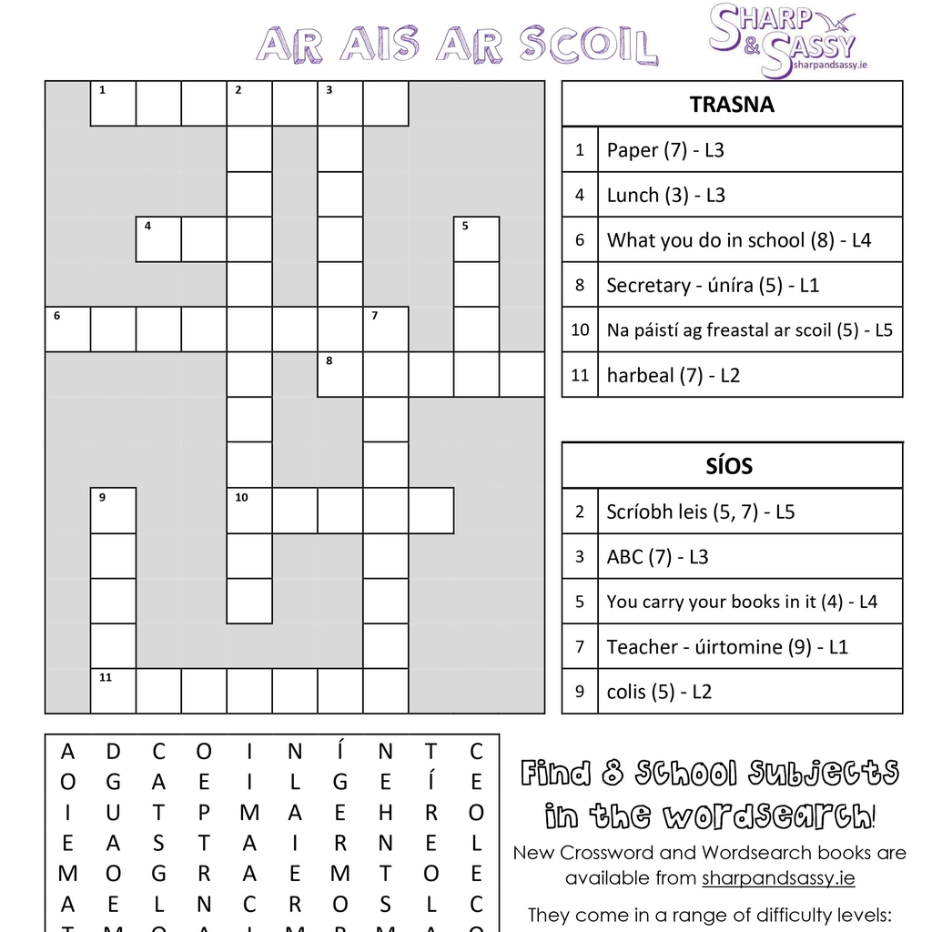 Ar ais ar scoil leathanach puzail Back to School Puzzle Page