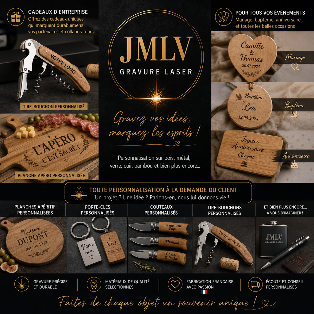 Gravure laser personnalisée : bijoux, portraits, planches apéro et cadeaux uniques. Créez un souvenir qui vous ressemble avec JMLV.