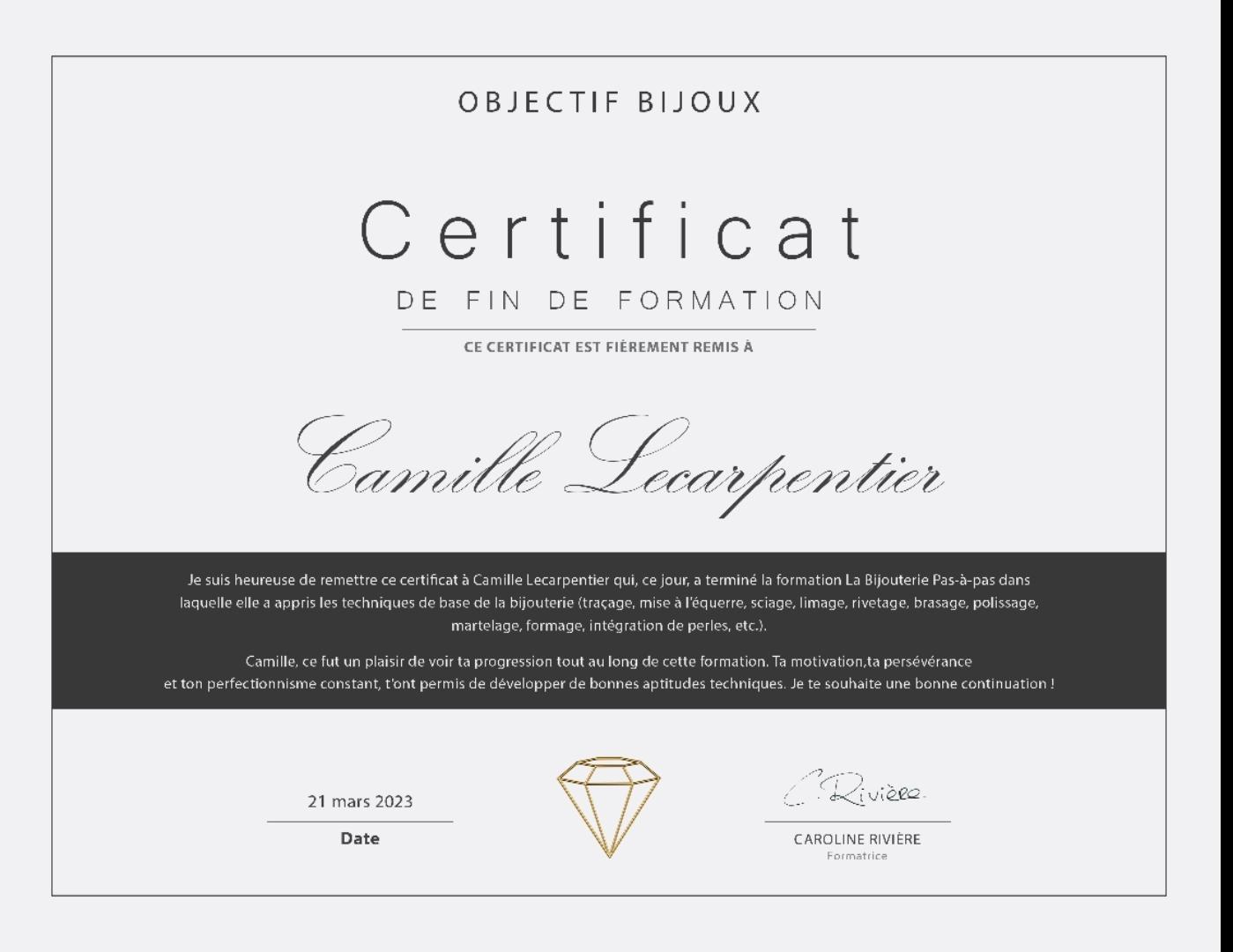 certificat de fin de formation en bijouterie traditionnelle - fabriqué en France
