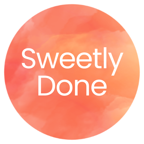 Logo. Orange circle with the words Sweetly Done in white.