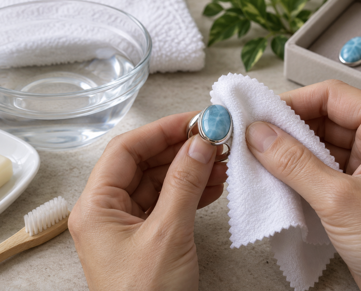 Quelques précautions simples permettent de préserver un bijou en Larimar : nettoyage doux, rangement séparé et protection contre les chocs et les produits chimiques.