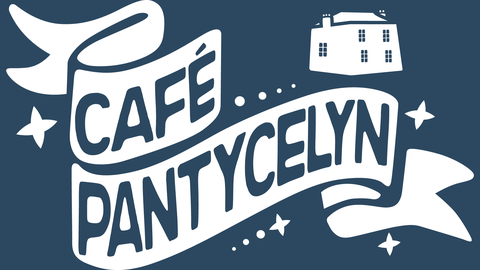 Cafe Pantycelyn Logo - the title on a vintage ribbon with sparkles. Pantycelyn house is in the background