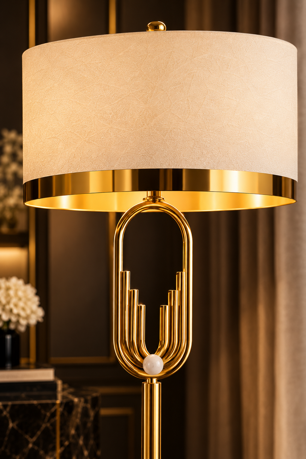 Luxe goudkleurige art deco vloerlamp met stoffen kap en messing frame in hotel chique interieur Maison Madis.