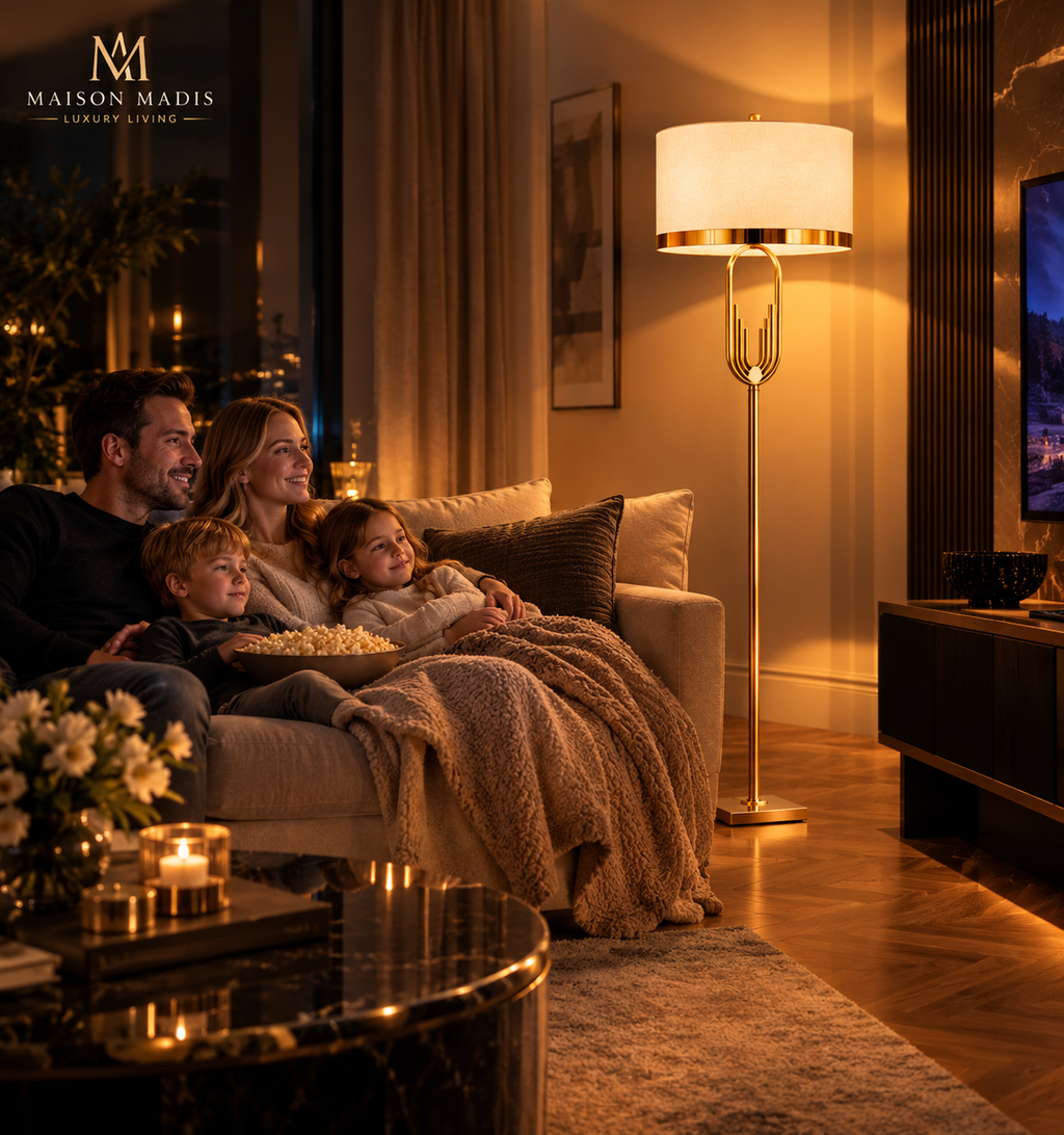 Elegante gouden vloerlamp met witte lampenkap in een luxe modern interieur – Maison Madis