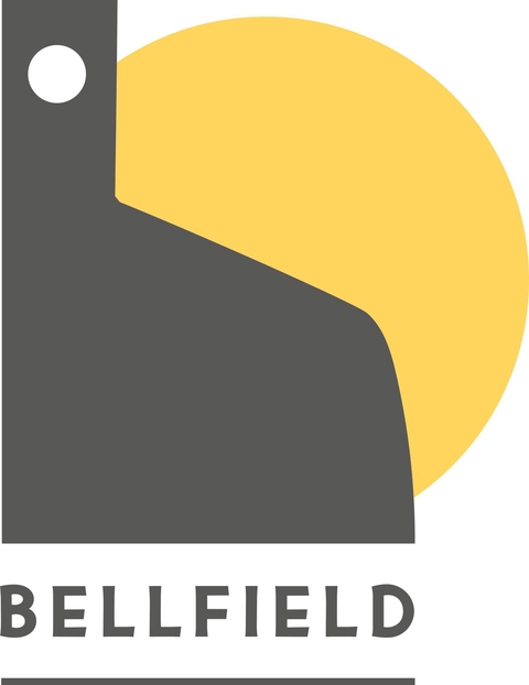 Bellfield logo of yellow circle, representing sun behind simplified grey silhouette of Bellfield building. 
