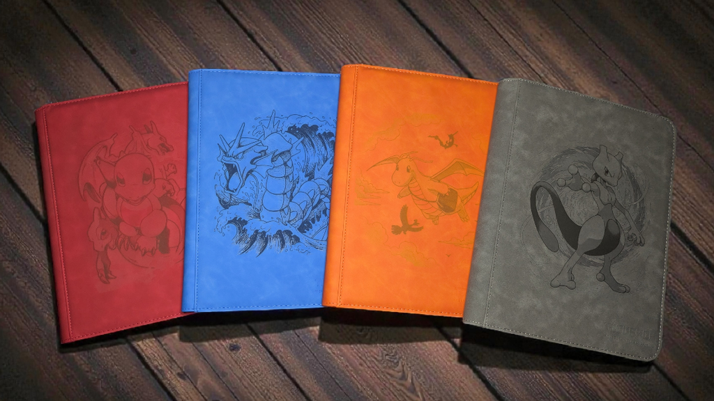 Classeurs en cuir personnalisés avec les Pokémon Salamèche, Leviator, Dracolosse, Mewtwo
