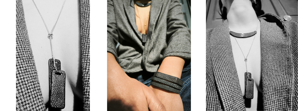 photo en noir et blanc  modele Anouk bijoux haute fantaisie cuir marin 