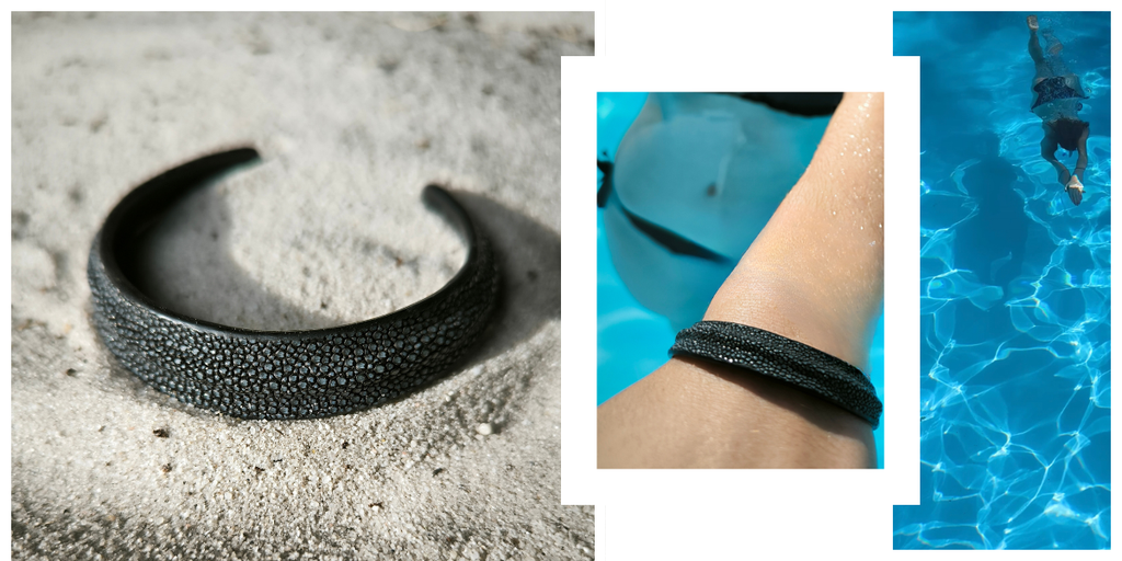 Photos en couleur bracelet Sambo en galuchat coloris noir ébène forme ronde