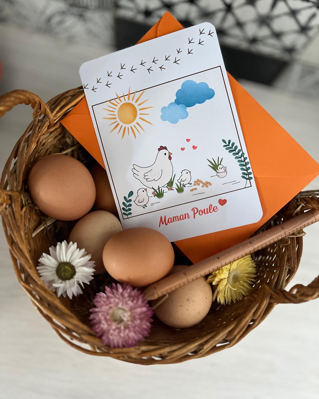Photo carte de vœux et marque-pages "Maman Poule" pour la fête des mères