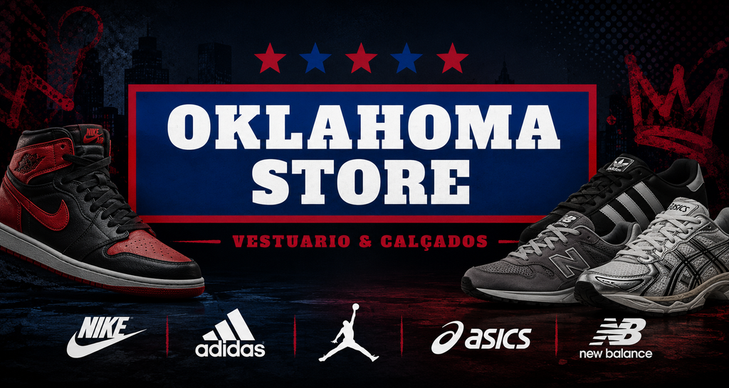 Banner da Oklahoma Store com tênis Nike, Adidas, Asics e New Balance