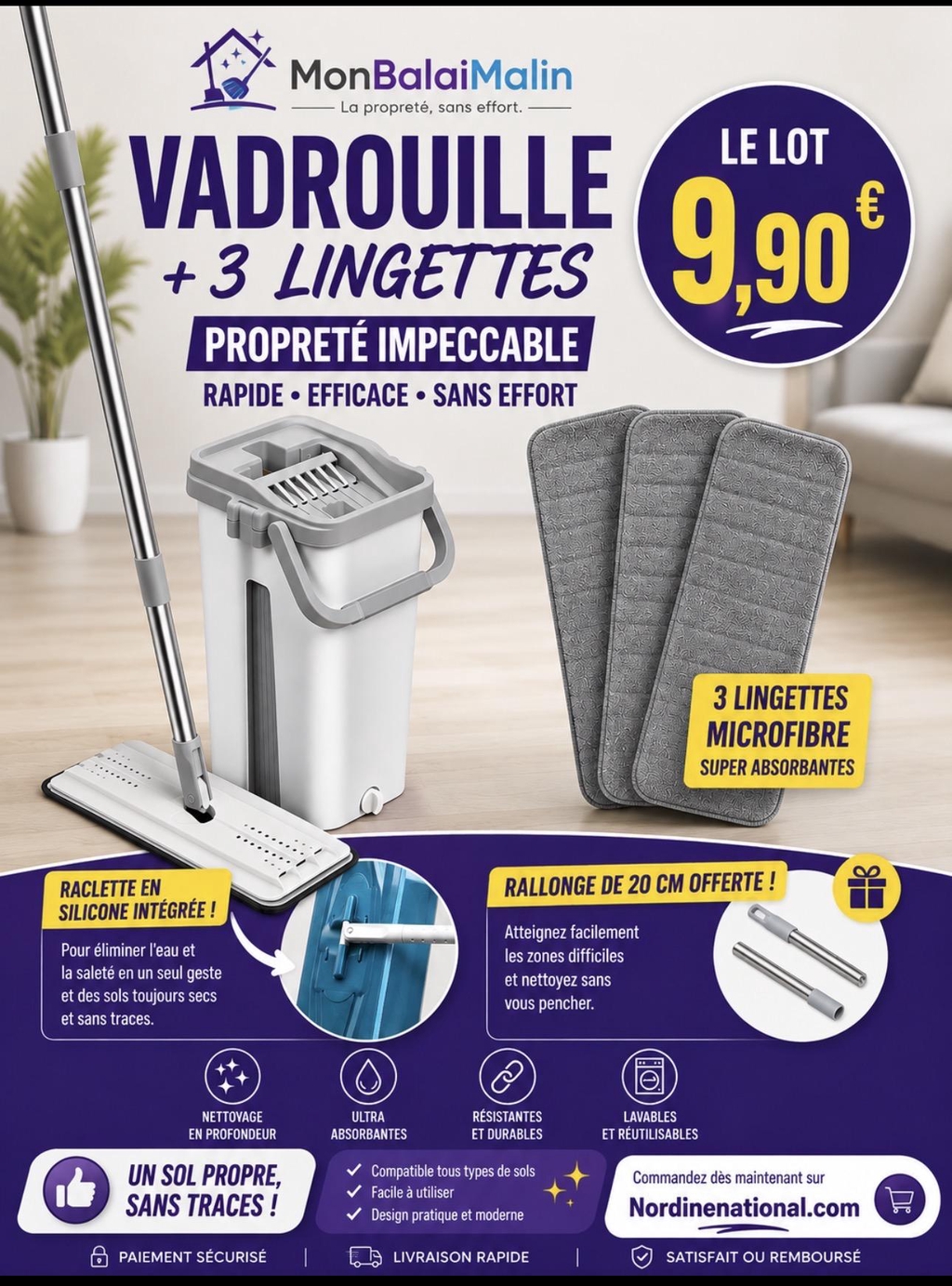 Découvrez le Pack Ménage By Nono, le balai plat multifonction qui va transformer votre façon de nettoyer. Conçu pour les personnes qui veulent un intérieur impeccable sans effort et sans se salir les mains.