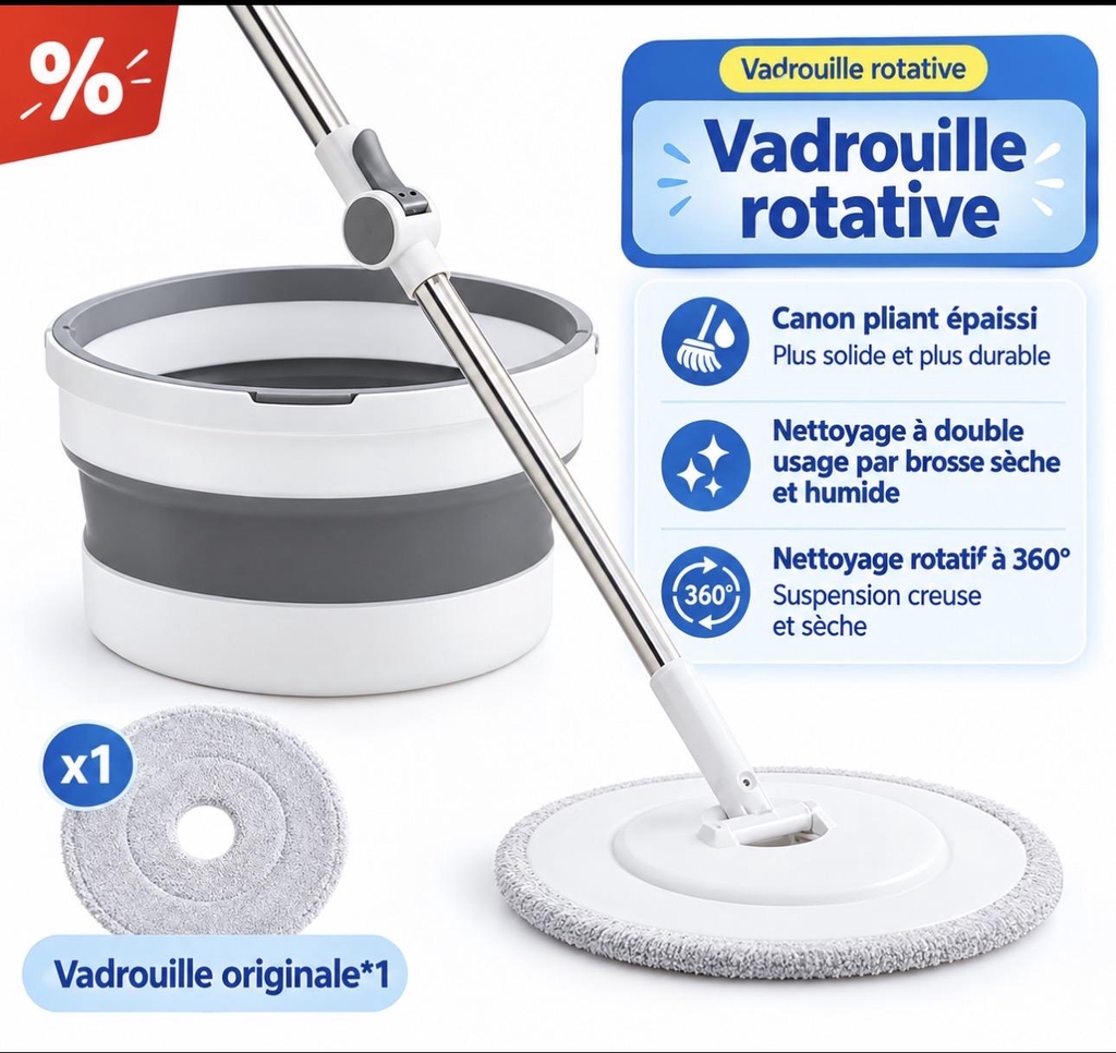 Le Nettoyage Révolutionné !
Dites adieu aux corvées de ménage avec notre serpillière rotative plate 2-en-1 !
✨ Lavage & essorage automatique — Une simple pression du pied, et votre serpillière est propre et prête à l’emploi, sans jamais toucher l’eau sale.