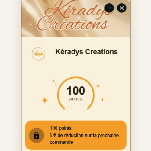 téléphone montrant le programme de fidélité et indiquant comment le rejoindre (100 € d'achats cumulés = 5 € de réduction sur prochaine commande)