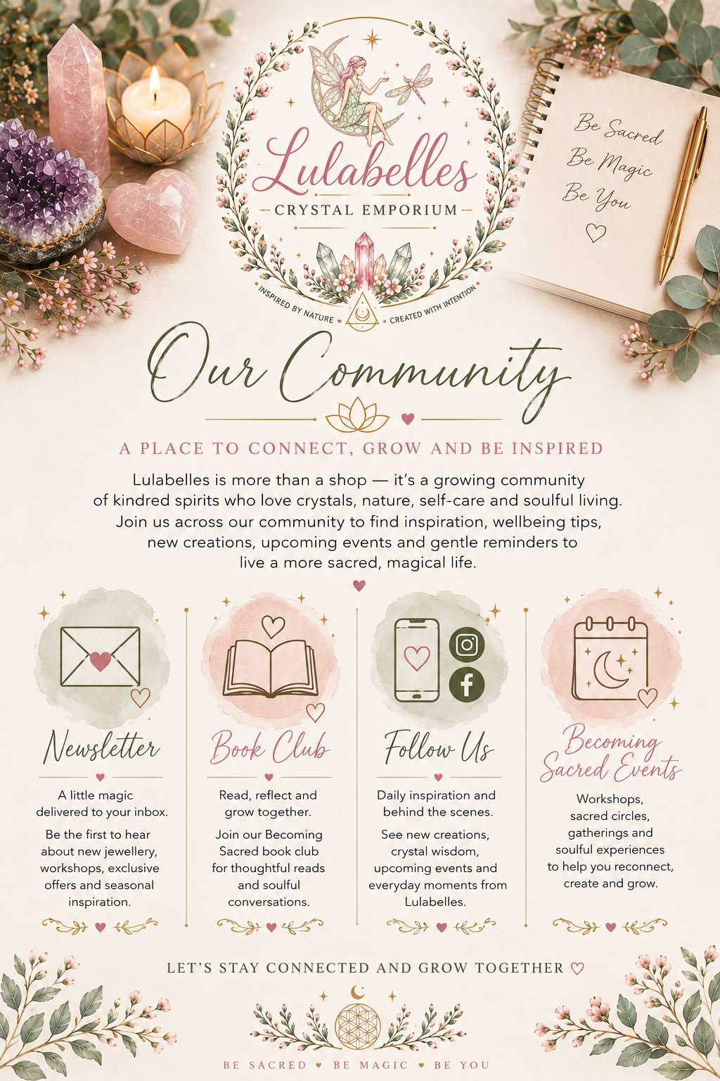 Our Community – Lulabelles Crystal Emporium community overview featuring newsletter, book club, socials and Becoming Sacred events.