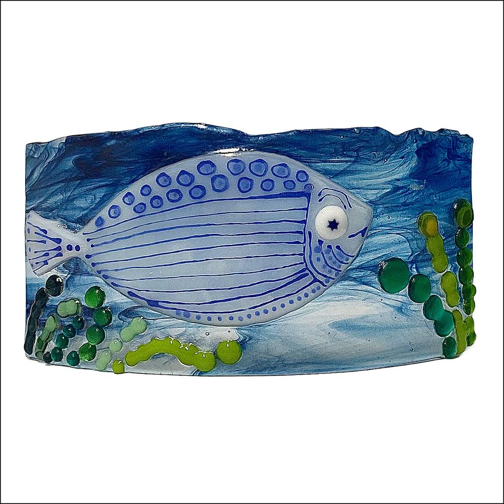 Blue fish curved glass art