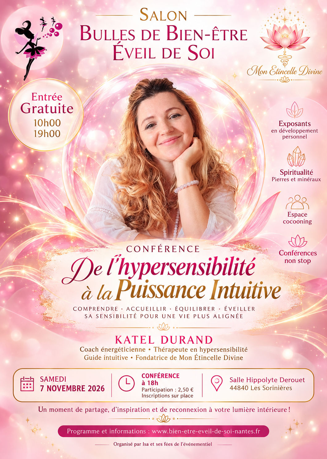 conférence de Katel Durand "De l'hypersensibilité à la Puissance Intuitive" au Salon Bulle de Bien être aux Sorinières le 7 novembre 2026 à 18h